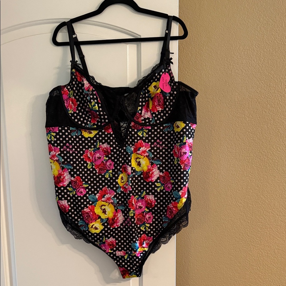 Betsey Johnson Black Floral Polka Dot Bodysuit